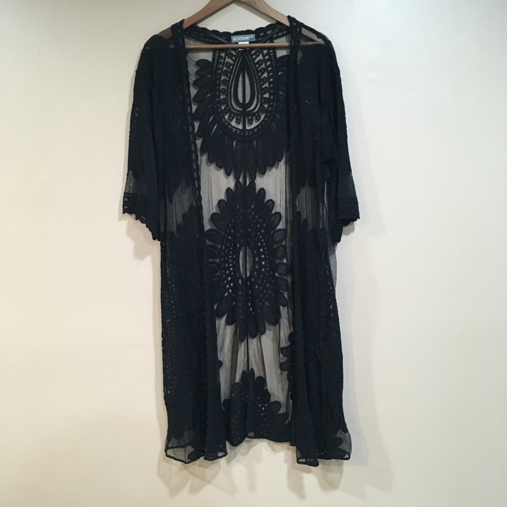 Embroidered Crochet Mesh Long Kimono Cardigan Womens M Black Whimsigoth Boho